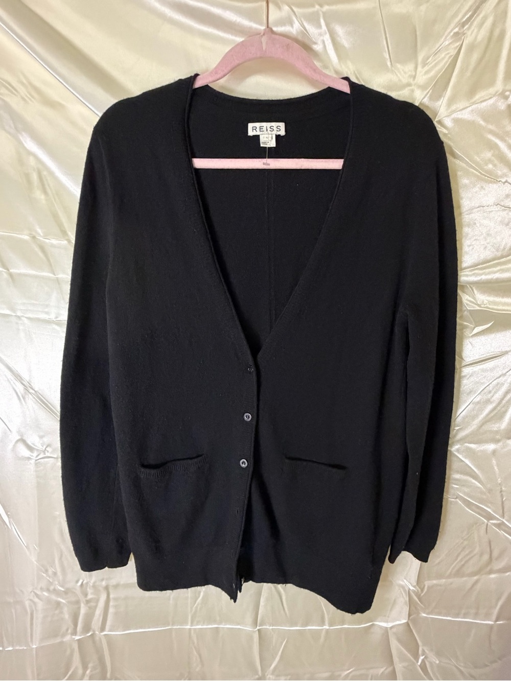 Reiss Mossie Plain Women’s L Black Wool Blend Longline Cardigan Pockets